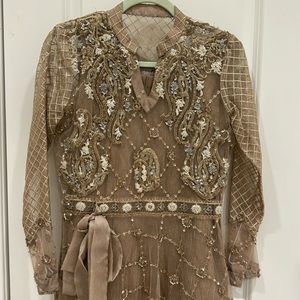 Worn once beautiful custom shalwar kameez in sandstone and gold.